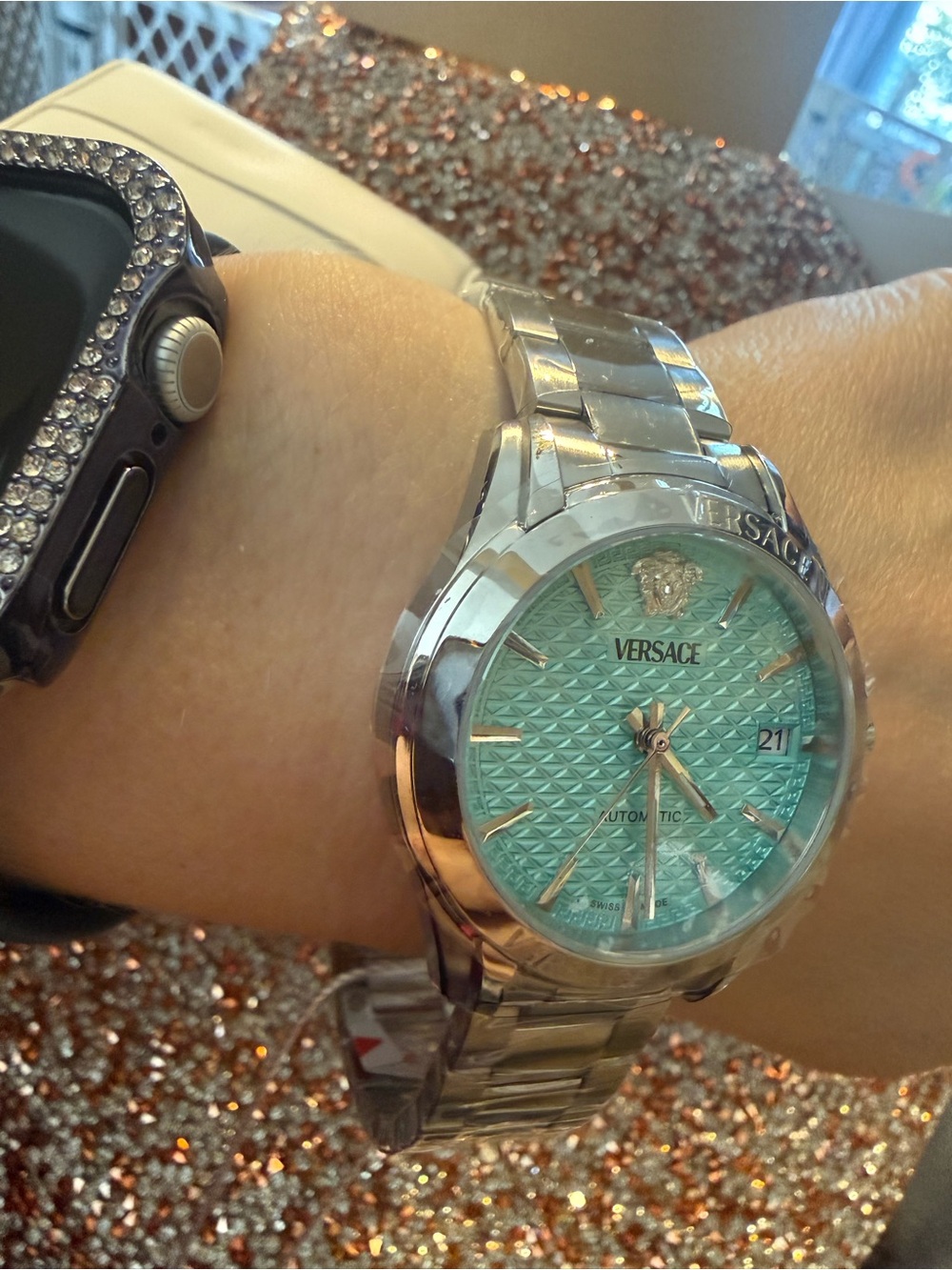 Versace Men's Silver Watch with Turquoise Dial - Picture 6 of 14